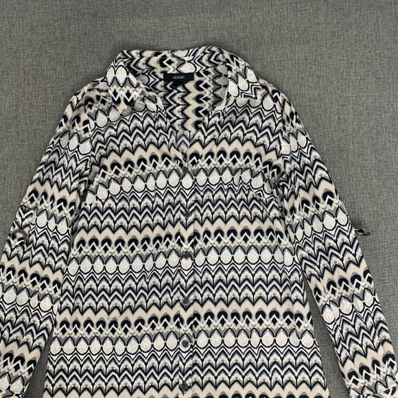 Alfani Button Down Long Blouse Long Roll Up Sleeves Size‎ 8 Black White Grey Tan - Picture 2 of 16